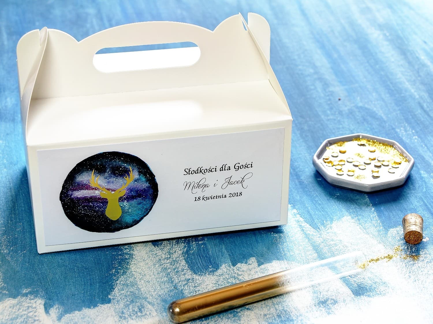 Złocone Pudełko na Ciasto Weselne z Jeleniem | Eleganckie Opakowania dla Gości | Księżycowa Noc nr 8