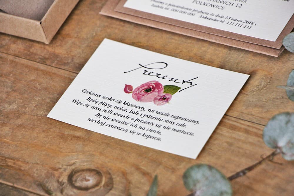 Bilecik do Zaproszeń Akwarelowe Różowe Piwonie na Papierze Lniany Ecru | Wkładka Ślubna z Dowolnym Tekstem | Margaret nr 2