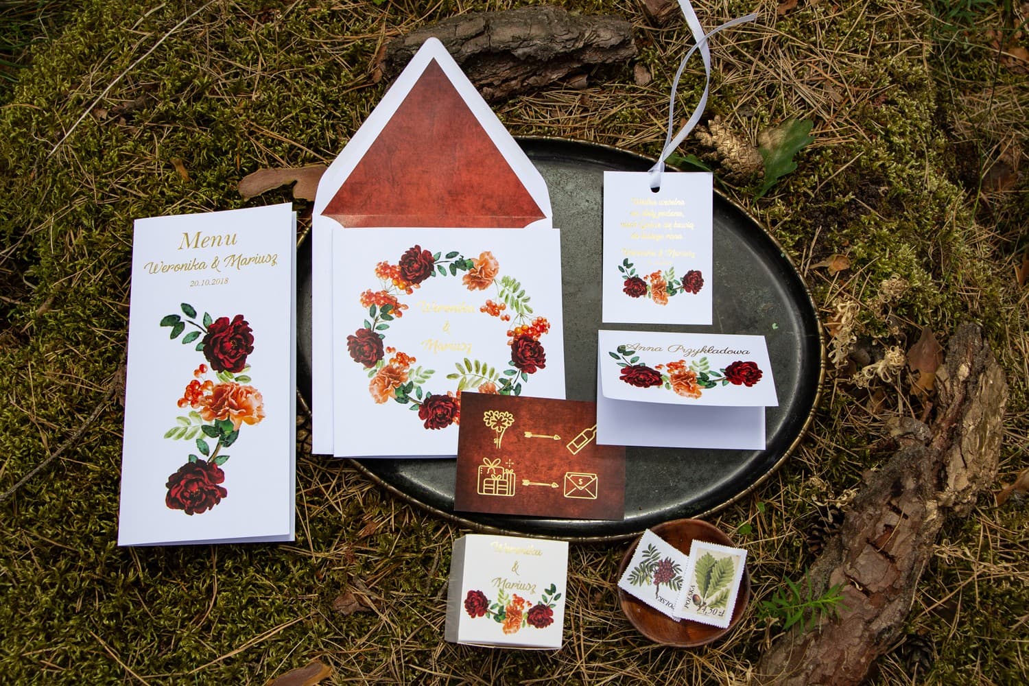 Zaproszenia ślubne złocone z pomarańczowymi goździkami i jarzębiną – Orini nr 2 - 3