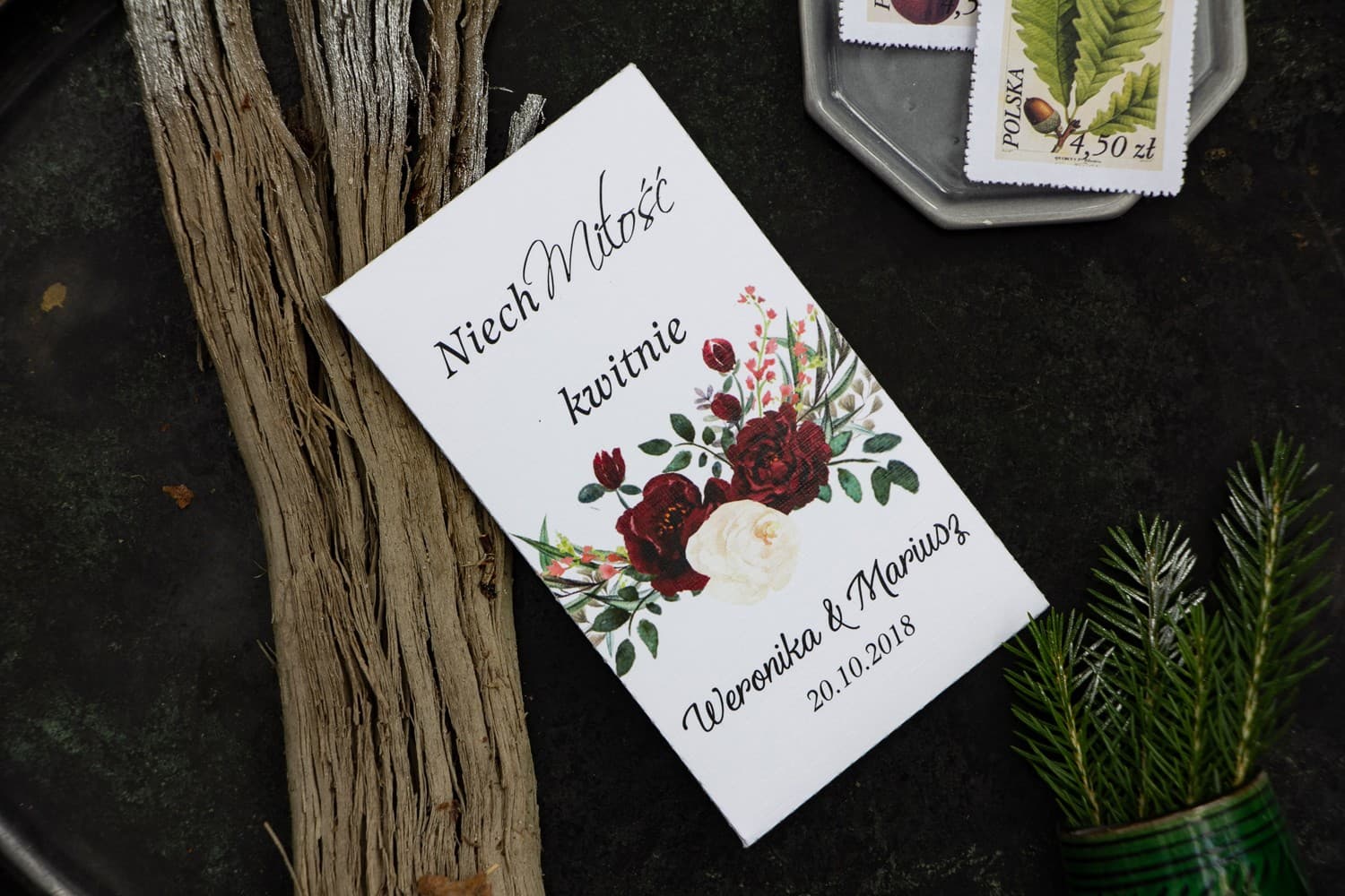 Nasiona Niezapominajki z Bordową Piwonią | Personalizowane Podziękowania dla Gości Weselnych | Orini nr 3