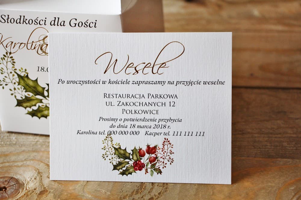 Zimowe Bileciki do Zaproszeń Ślubnych Wkładki Świąteczne z Różami | Wkładka do Zaproszenia, Bilecik Informacyjny | Akwarele nr 3