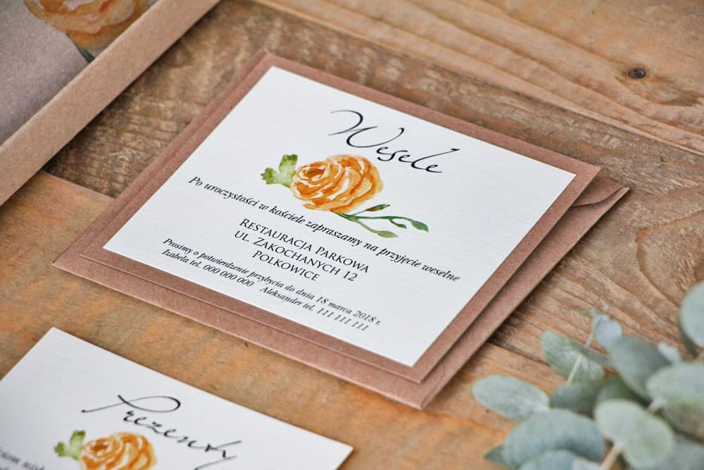 Bilecik Dwuwarstwowy z Żółtą Różą Akwarela | Wkładka Informacyjna do Zaproszenia Ślubnego | Margaret nr 3