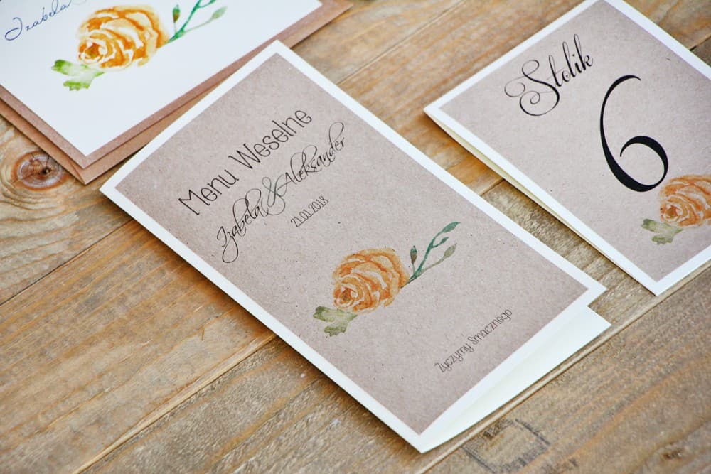 Menu Weselne z Żółtą Różą Akwarela, Papier EKO i Lniany | Eleganckie Menu na Stół Weselny Składane | Margaret nr 3