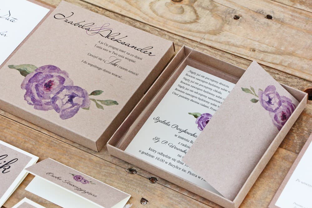 Zaproszenia ślubne z akwarelowymi fioletowymi różami w eko pudełku – Margaret nr 4