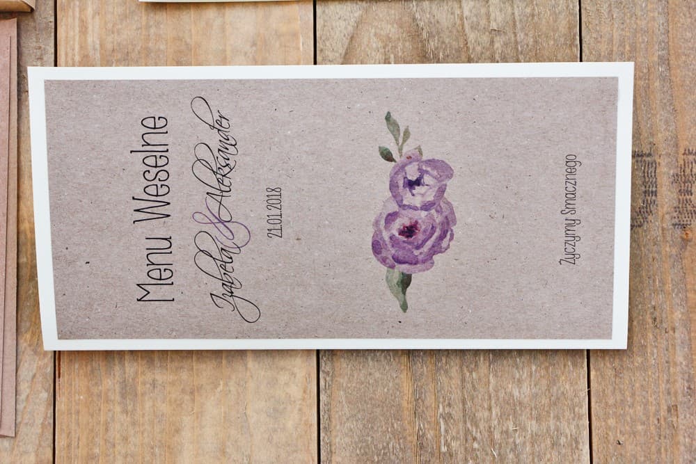 Menu Weselne z Fioletowymi Różami Akwarela, Papier Lniany Ecru | Eleganckie Menu na Stół Weselny, Karta Dań | Margaret nr 4
