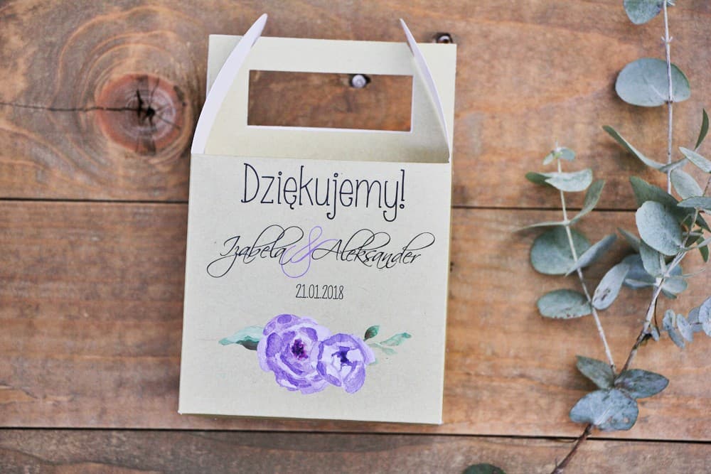 Pudełka na Ciasto Weselne Fioletowe Kwiaty z Rączką | Personalizowane Opakowania na Słodkości dla Gości | Margaret nr 4