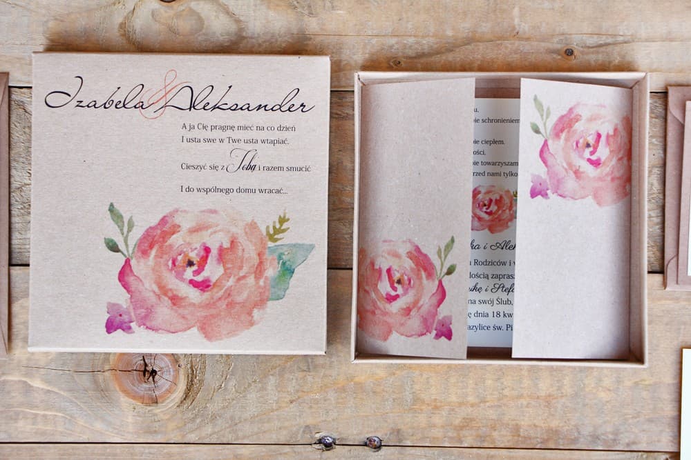 Zaproszenia ślubne eko w pudełku z różą akwarela, personalizowane – Margaret nr 6 - 3