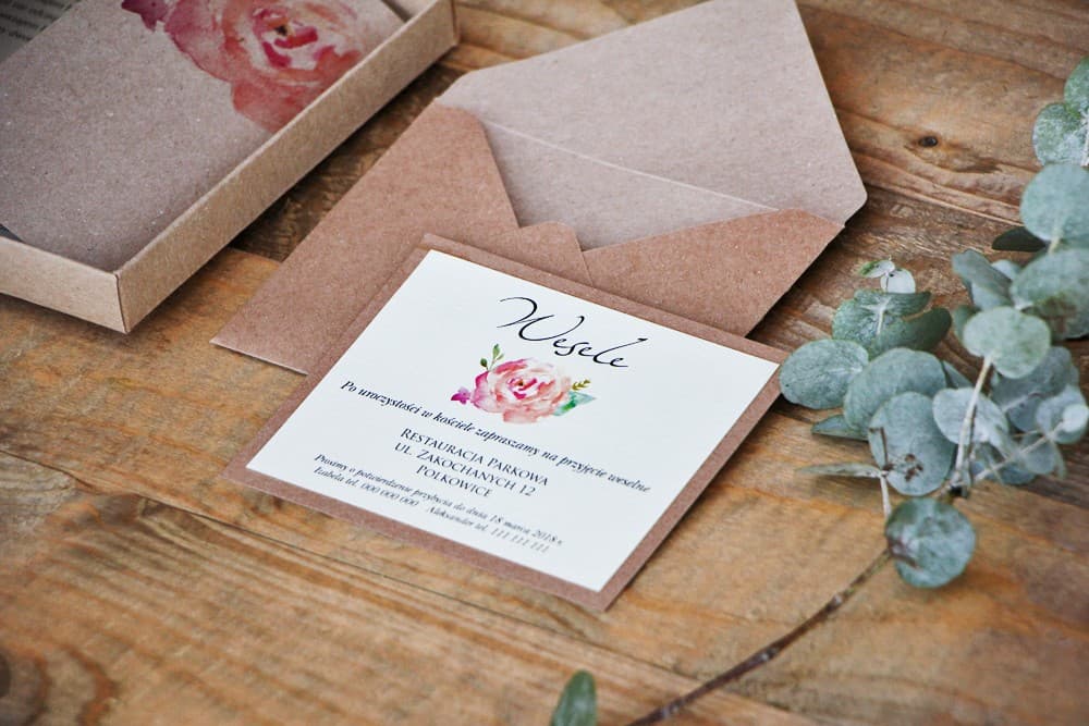 Dwuwarstwowe bileciki z akwarelową różą, na papierze lnianym | Wkładki do zaproszeń ślubnych, RSVP | Margaret nr 6