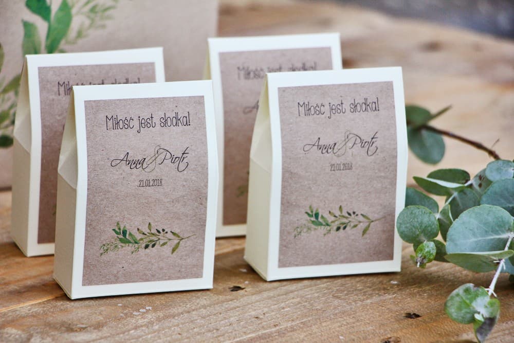 Pudełeczka z motywem zielonych gałązek i słodyczami | Eko podziękowania dla gości weselnych | Margaret nr 7