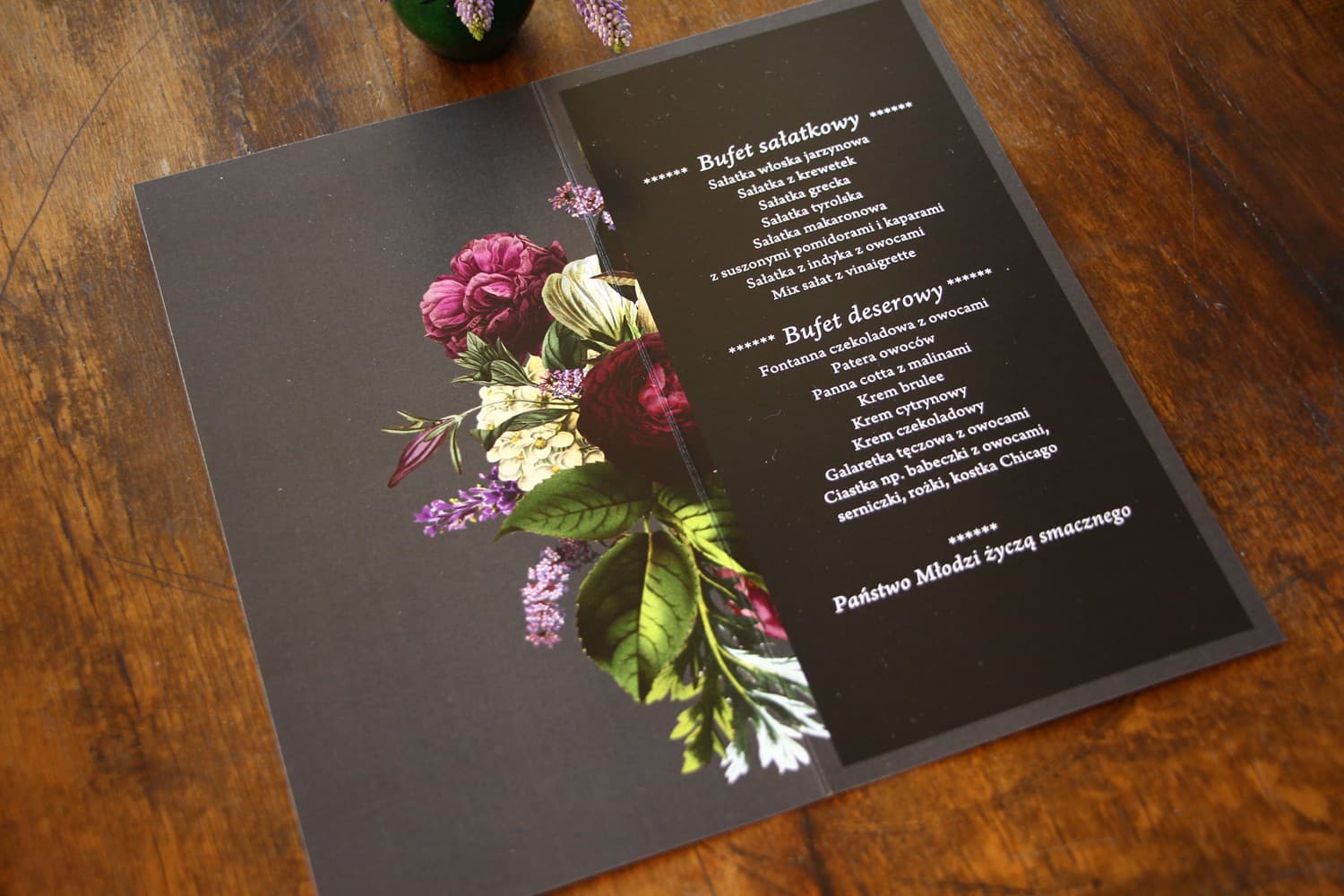 Eleganckie menu weselne z kwiatami vintage, składane | Karta dań na stół weselny | Eteryczne Nr 2 - 2