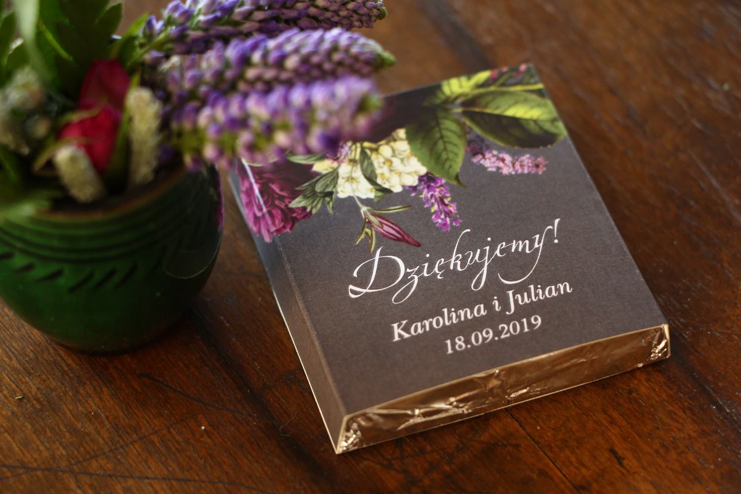 Czekoladki z personalizacją Kwiaty Burgund i Purpura | Podziękowania dla Gości Weselnych | Eteryczne nr 2