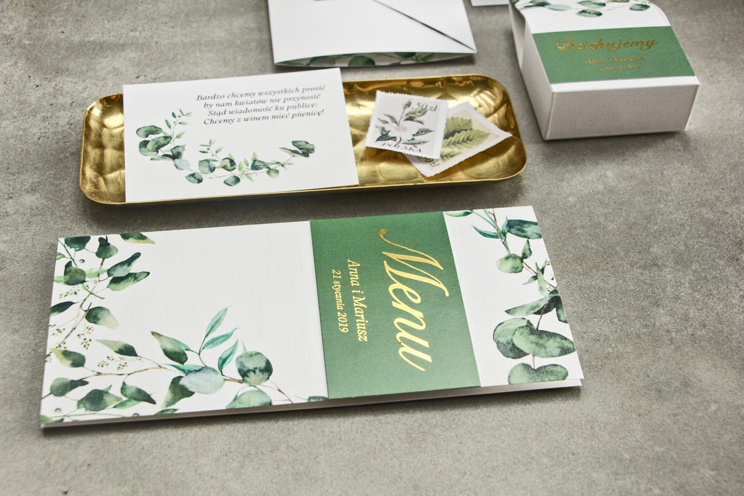 Eleganckie Menu Weselne Złocone z Eukaliptusem | Karta Menu na Stół Glamour | Lotaro Nr 2