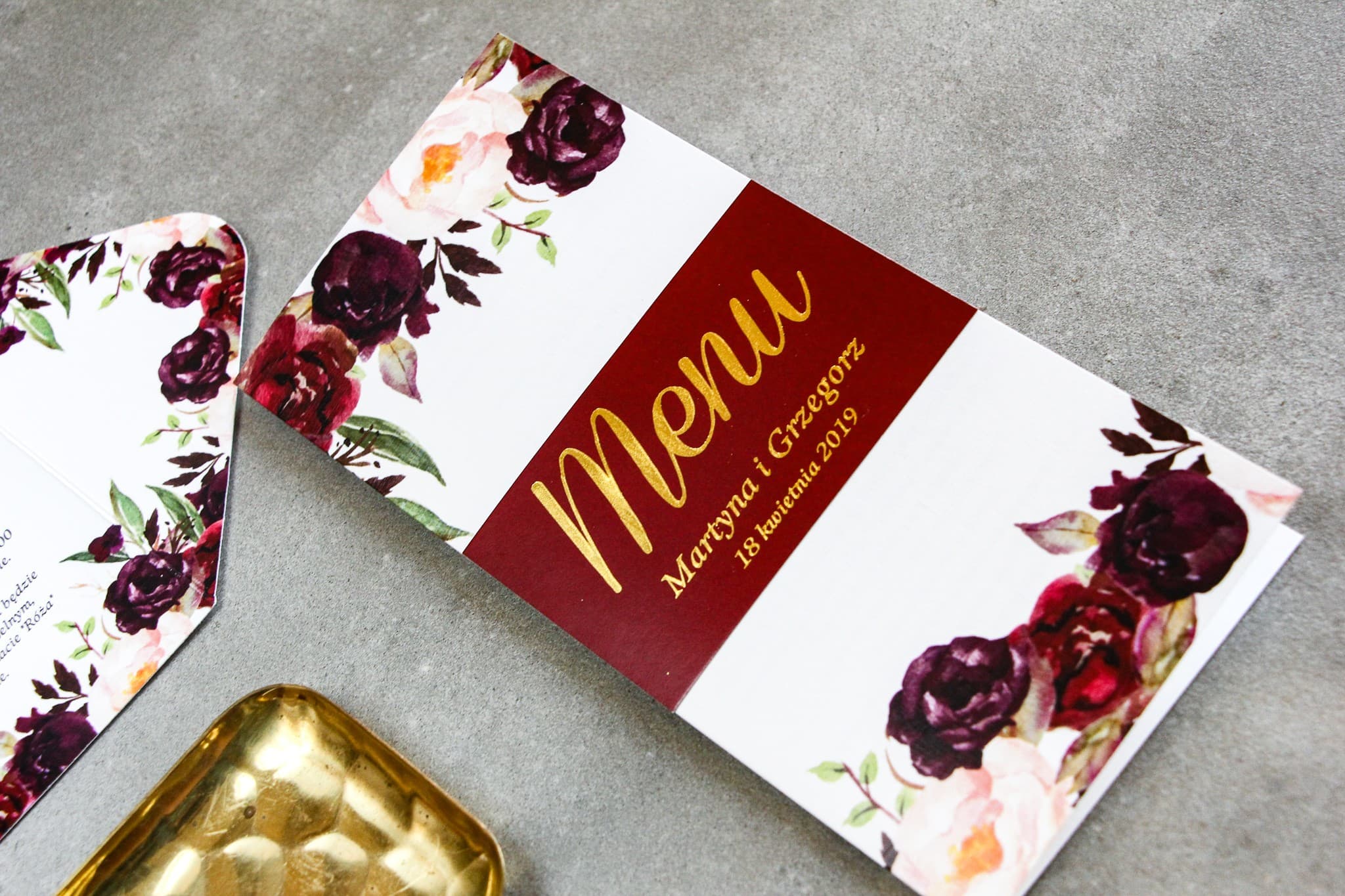 Złocone Menu Weselne z Burgundową Różą | Karta Dań na Stół Glamour | Lotaro Nr 3