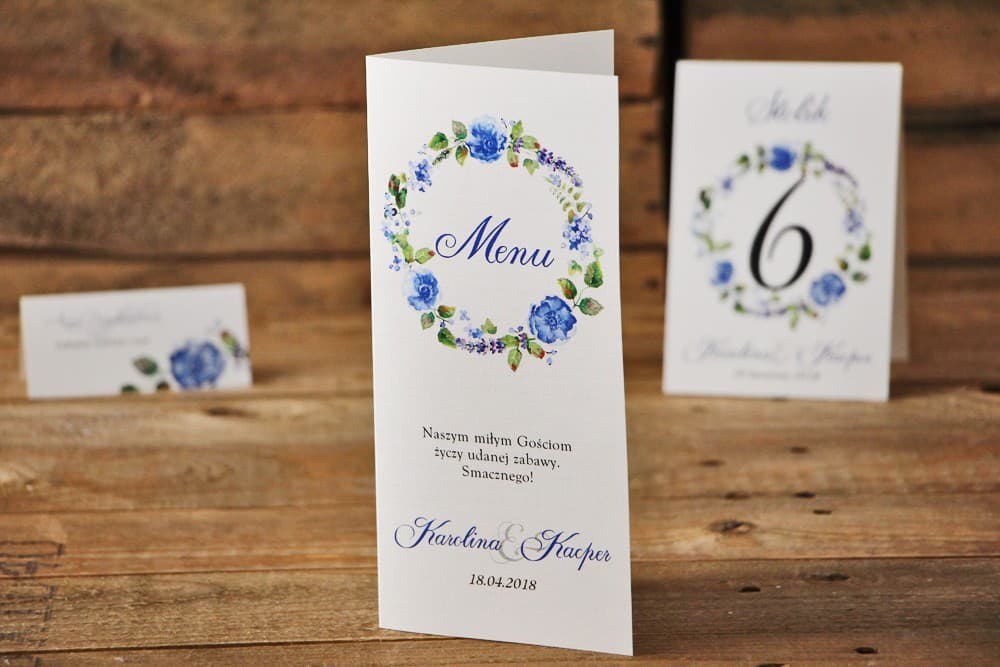 Akwarelowe Menu Weselne z Chabrami, Delikatne Kwiatowe Menu na Stół | Eleganckie Menu Weselne Stojące | Akwarele nr 5
