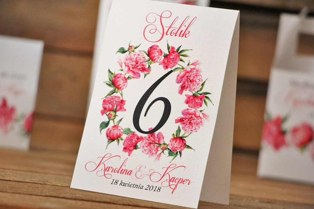 Stojące Numery na Stół Weselny Amarantowe Piwonie Akwarela | Elegancka Numeracja Stołów na Wesele | Akwarele nr 6