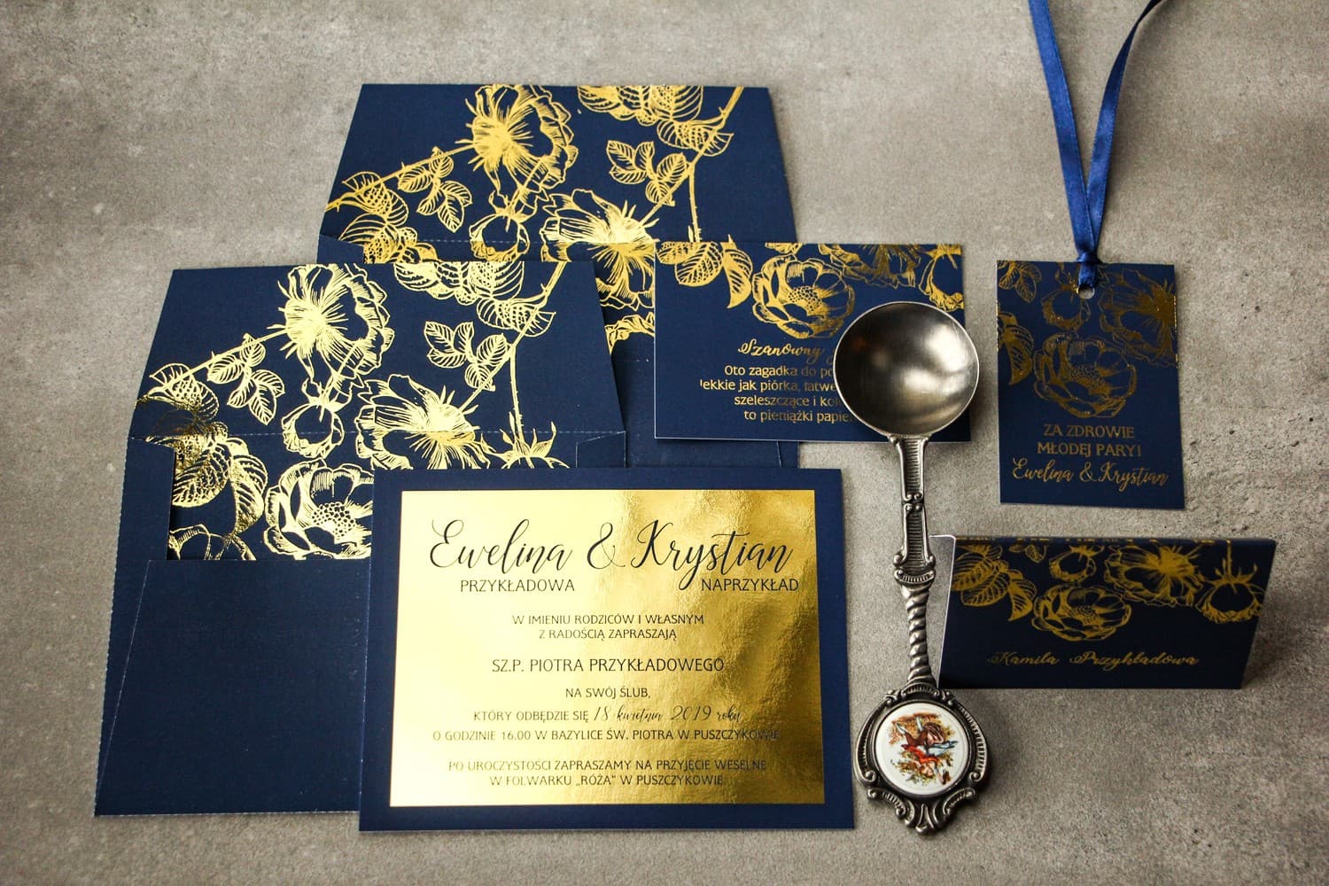 Zaproszenia ślubne granatowe w stylu glamour ze złoconymi różami – Brilant nr 1 - 2