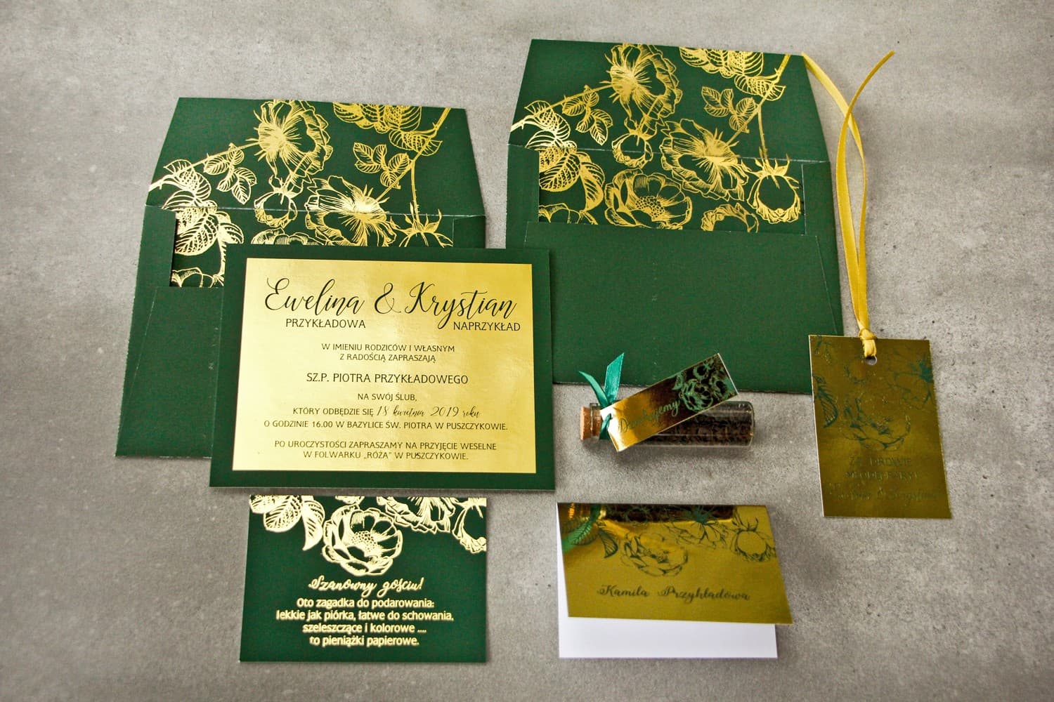 Zaproszenia ślubne zielone z bogatym złoceniem i różami – Brilant nr 3 - 2