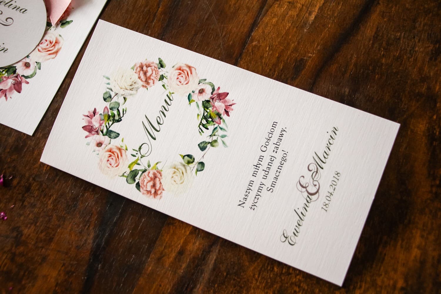 Menu Weselne Akwarelowe Kwiaty, Papier Lniany | Karta Menu na Stół Weselny | Akwarele nr 27