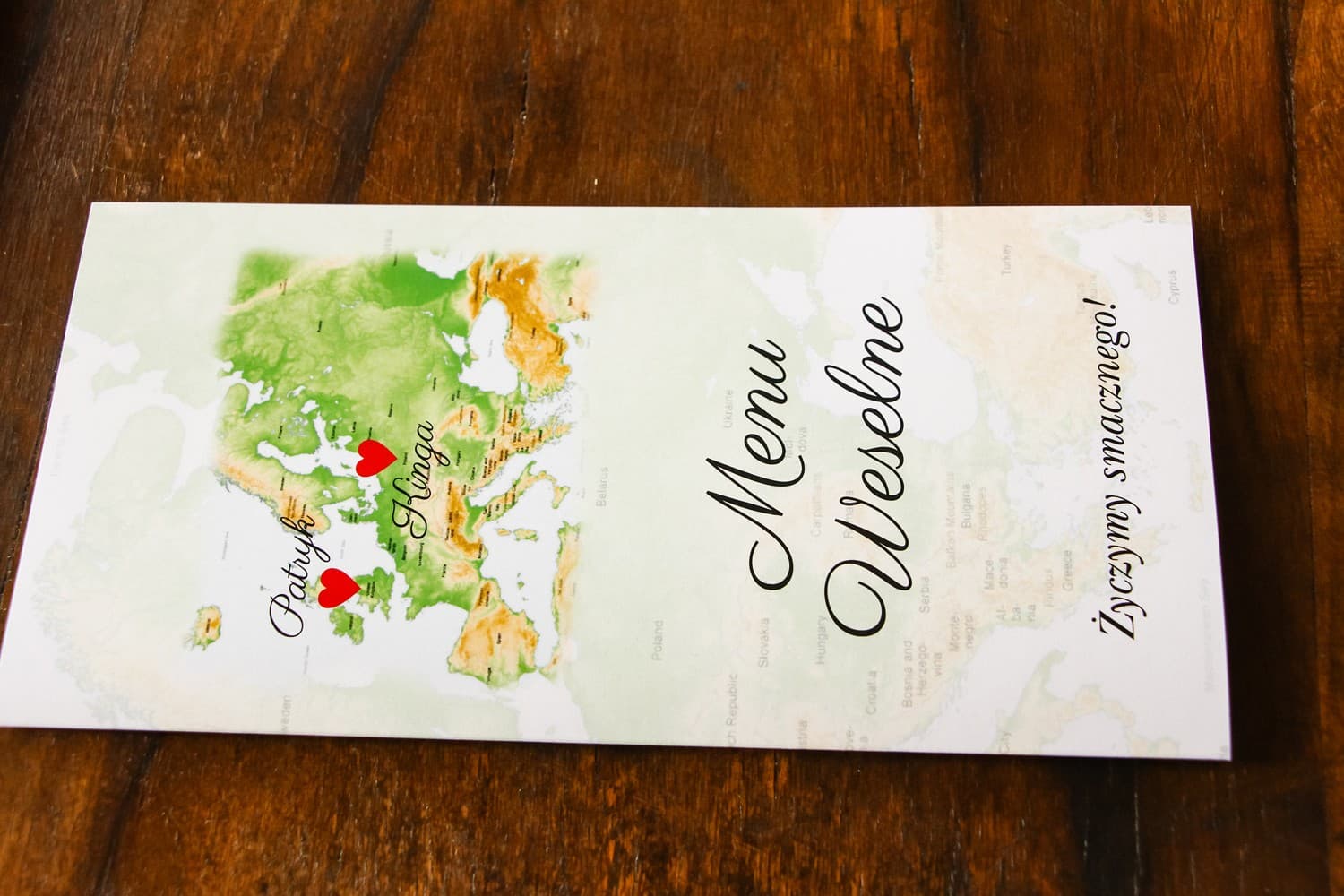 Międzynarodowe Menu Weselne z Mapą Europy | Karta Dań na Wesele w Stylu Podróżniczym | Mapa Uczuć Nr 2