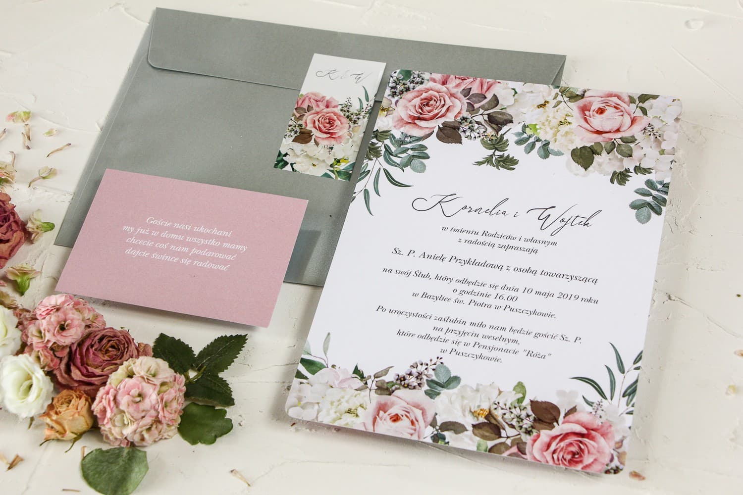Zaproszenia ślubne różowe z motywem hortensji i róży – Wenis nr 1 - 3
