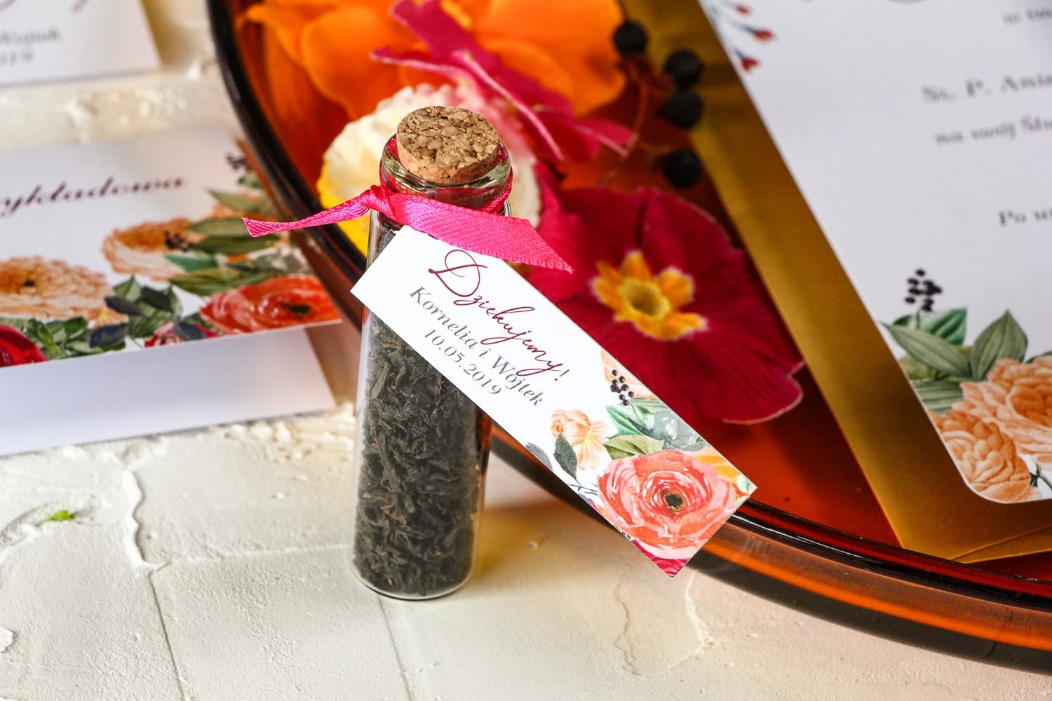 Eleganckie Podziękowania dla Gości Buteleczka z Herbatą | Upominki Weselne z Motywem Róży | Wenis nr 2