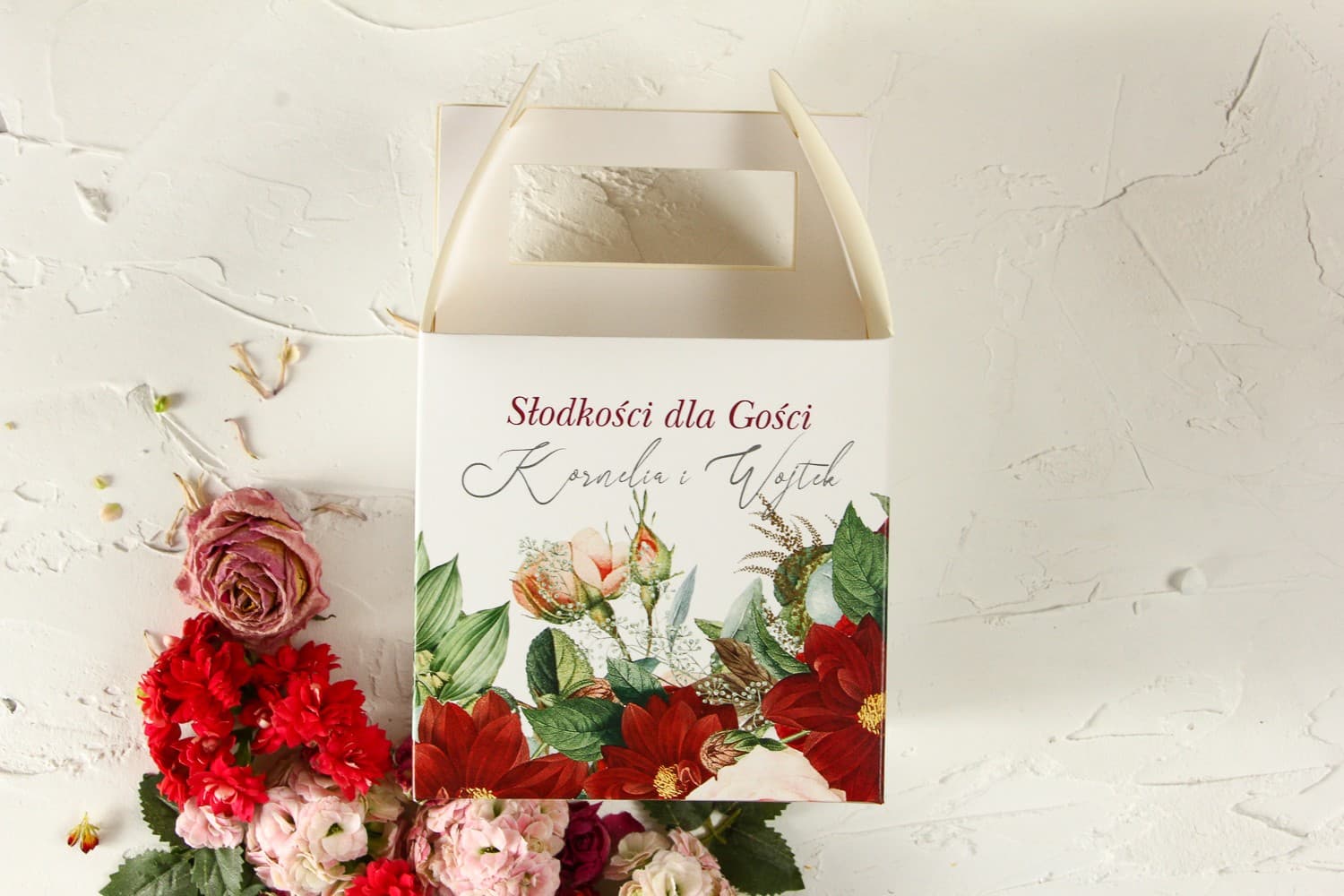 Eleganckie Pudełko na Ciasto Weselne z Czerwonymi Kwiatami | Opakowania dla Gości | Wenis nr 3