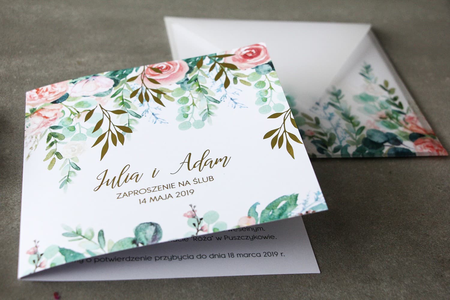 Próbka Zaproszenia Ślubnego Rubin nr 2 – Styl Glamour z Różowymi Piwoniami