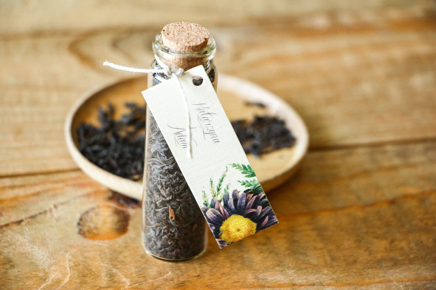 Podziękowania dla Gości Herbata w Buteleczce z Fioletowymi Astrami | Upominki Weselne | Kraft nr 3