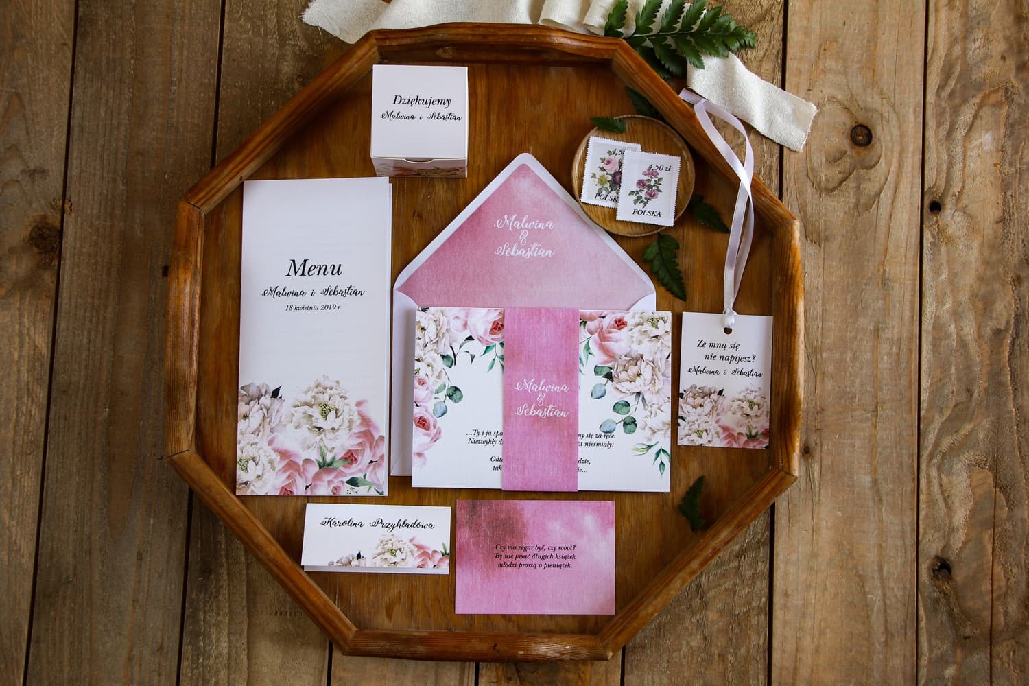 Próbka Zaproszenia Ślubnego Różowe Kwiaty Piwonie | Zamów i Zobacz Jakość Na Żywo | Rozalia nr 4