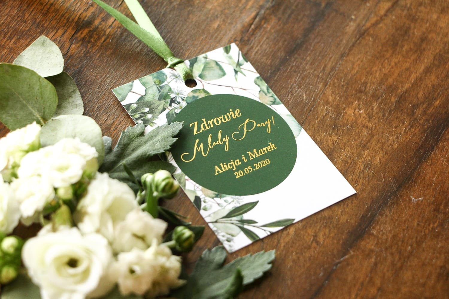 Złocone Zawieszki na Wódkę Weselną z Eukaliptusem | Eleganckie Zawieszki na Alkohol Greenery | Soreli nr 5