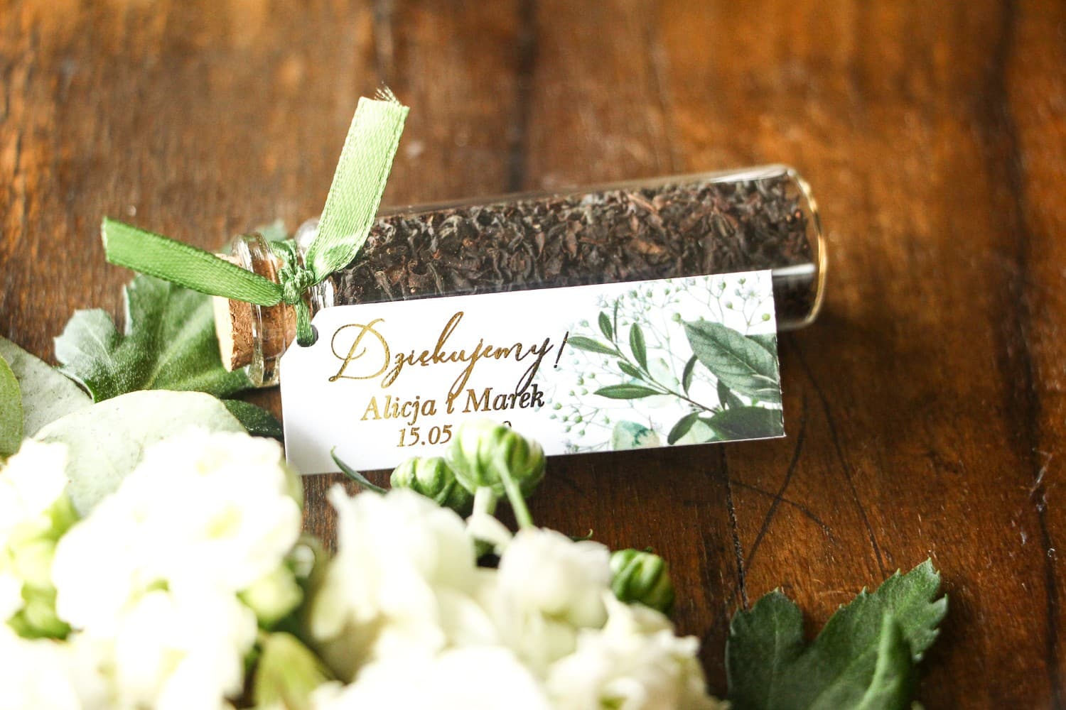 Herbata w fiolce podziękowanie dla gości, złocona etykieta eukaliptus | Upominki dla Gości Weselnych | Soreli nr 5