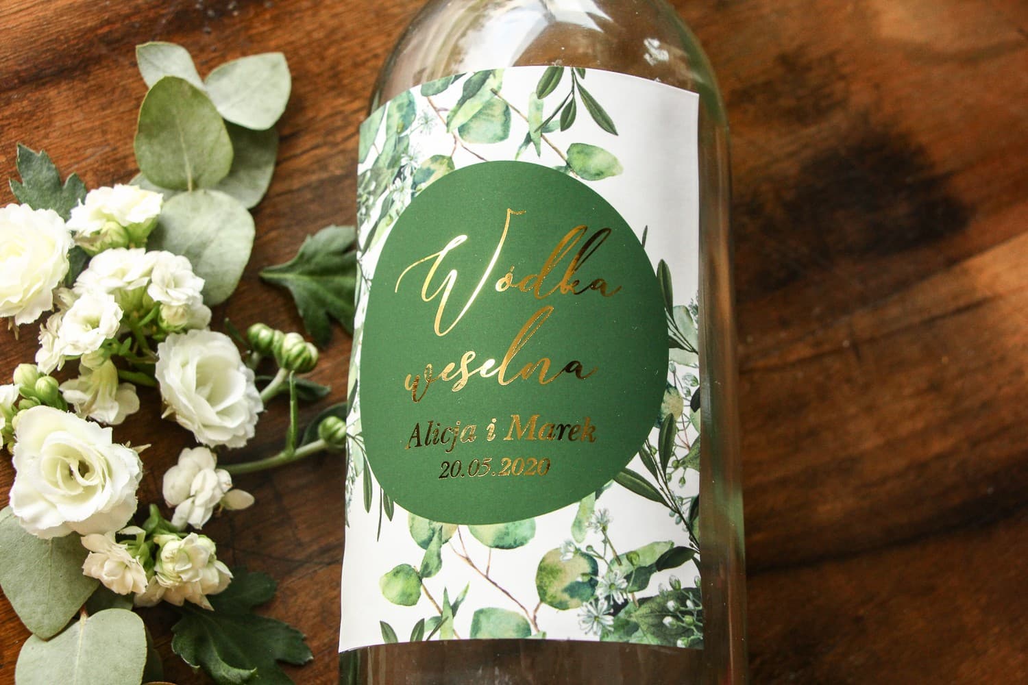 Złocone Etykiety na Butelki z Eukaliptusem | Naklejki na Wódkę Weselną Glamour | Soreli nr 5