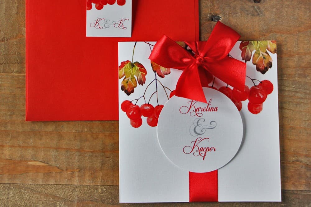 Zaproszenia ślubne akwarele z jarzębiną i czerwoną kokardką – Akwarele nr 12
