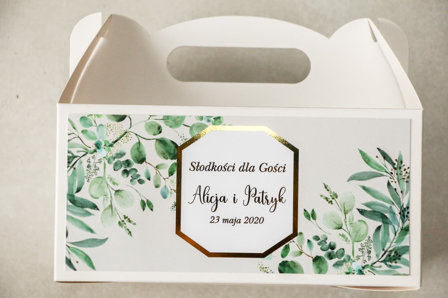 Złocone Pudełko na Ciasto z Eukaliptusem | Eleganckie Podziękowania dla Gości | Lotus nr 3