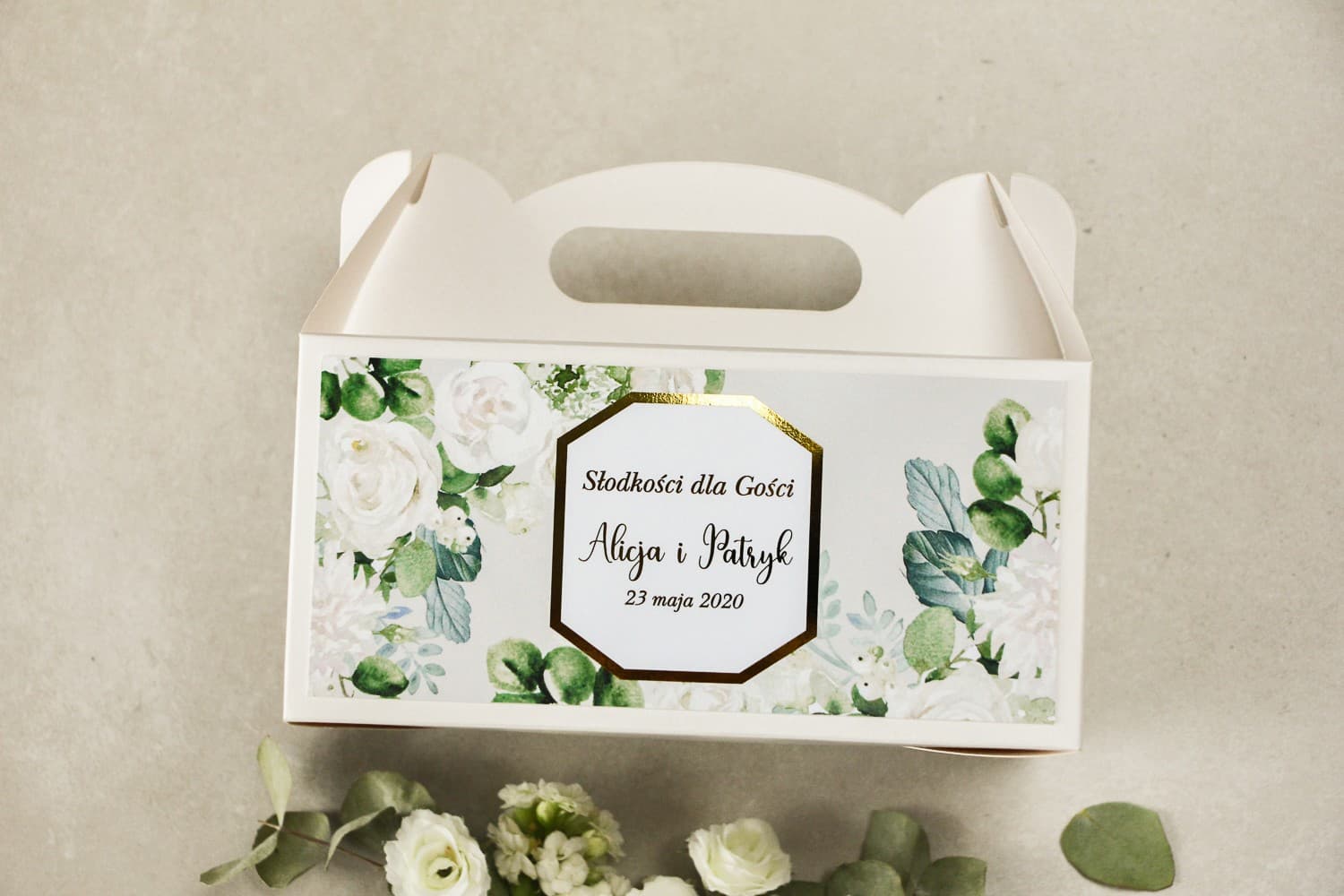 Pudełko na Ciasto Weselne z Rączką, Złocone | Eleganckie Opakowania na Słodkości dla Gości | Lotus nr 4