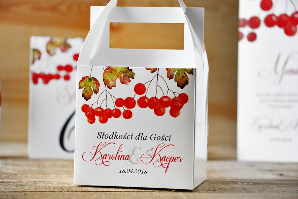 Pudełka na ciasto weselne z personalizacją, motyw jarzębiny | Opakowania na ciasto dla gości weselnych | Akwarele nr 12