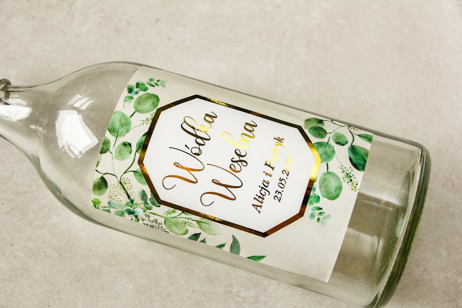 Złocone Etykiety z Eukaliptusem na Alkohol | Personalizowane Naklejki na Wódkę Weselną | Lotus nr 3