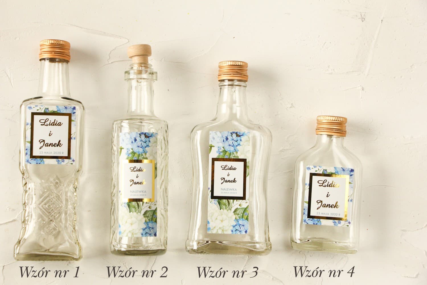 Butelki na Nalewki z Hortensją, Złocone Etykiety | Podziękowania dla Gości Weselnych, Upominki | Avril nr 1