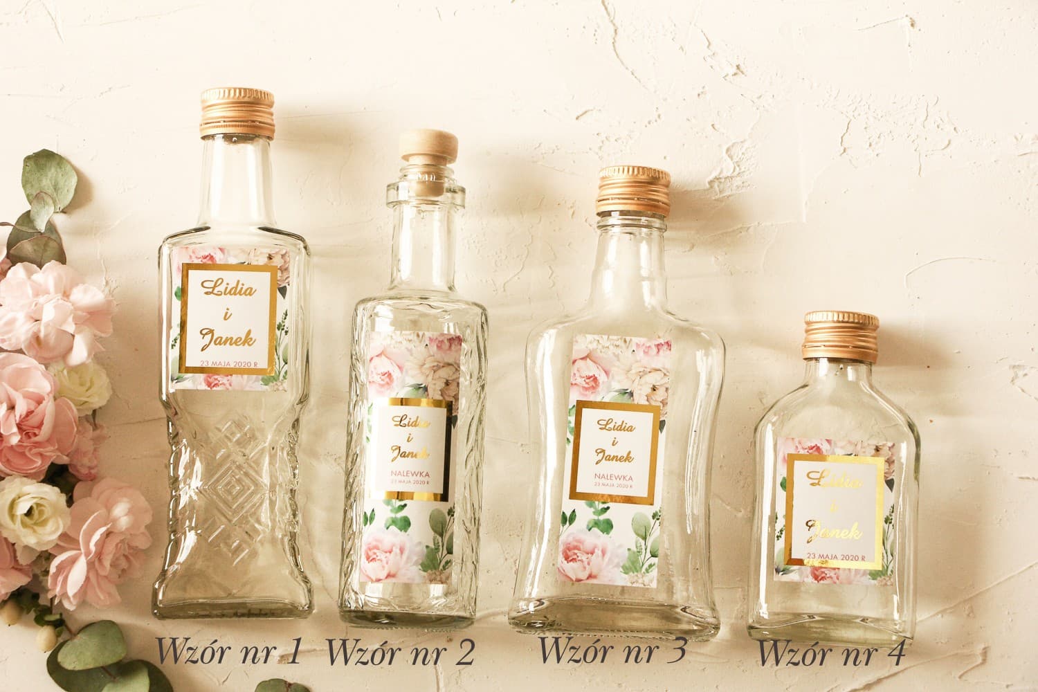 Złocone Buteleczki na Nalewki Wesele Kwiaty | Podziękowania dla Gości Weselnych | Avril nr 3