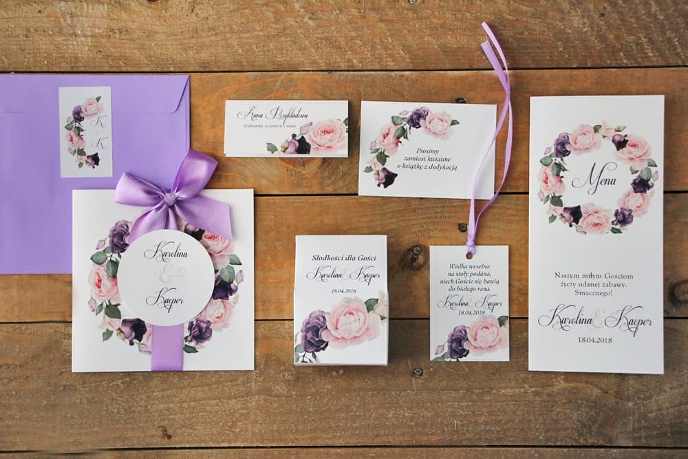 Zaproszenia ślubne fioletowe z kokardą w kolorowej kopercie – Akwarele nr 16 - 2