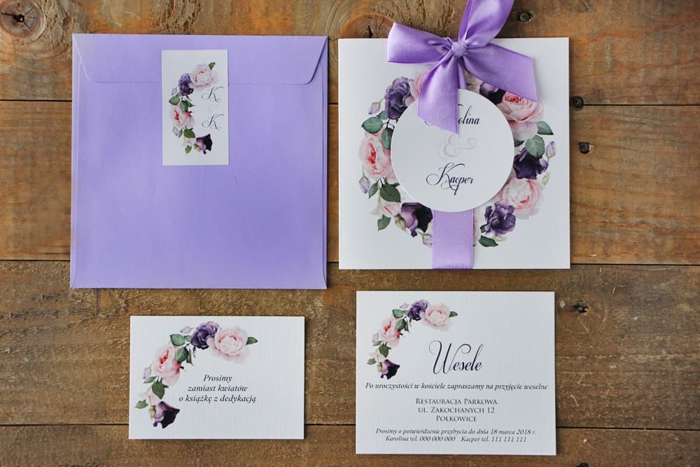 Zaproszenia ślubne fioletowe z kokardą w kolorowej kopercie – Akwarele nr 16 - 3