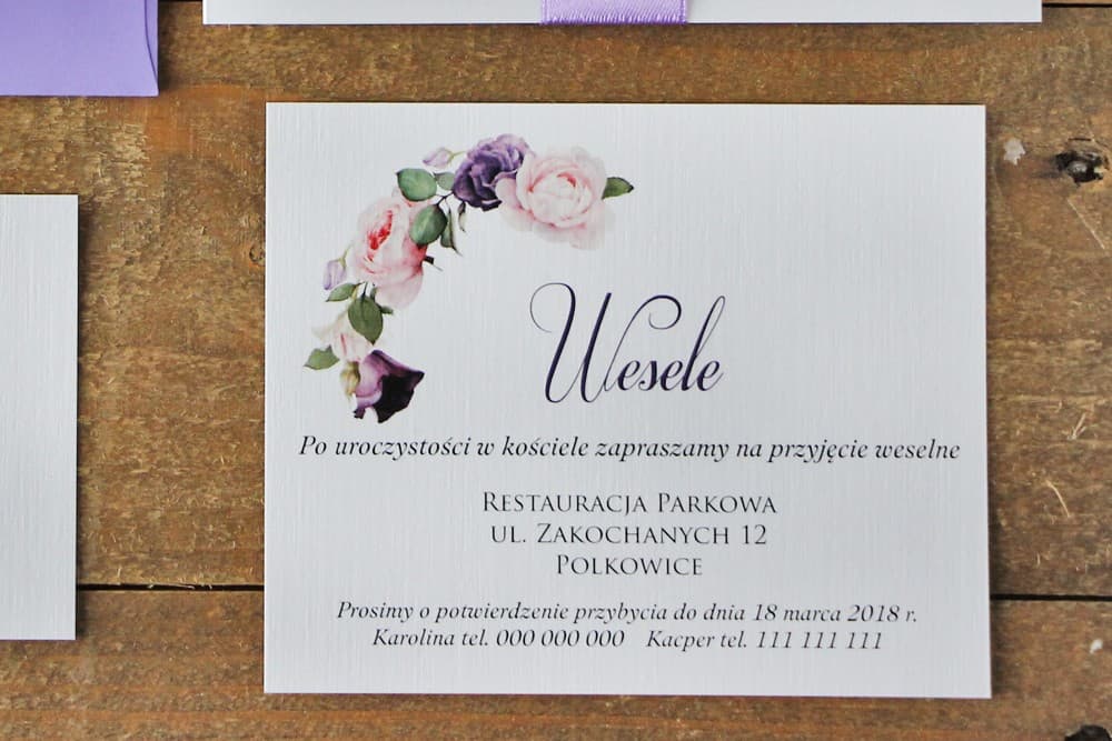 Bilecik z Prośbą o Pieniądze Akwarelowe Kwiaty Róż i Fiolet | Wkładka do Zaproszeń Ślubnych | Akwarele nr 16