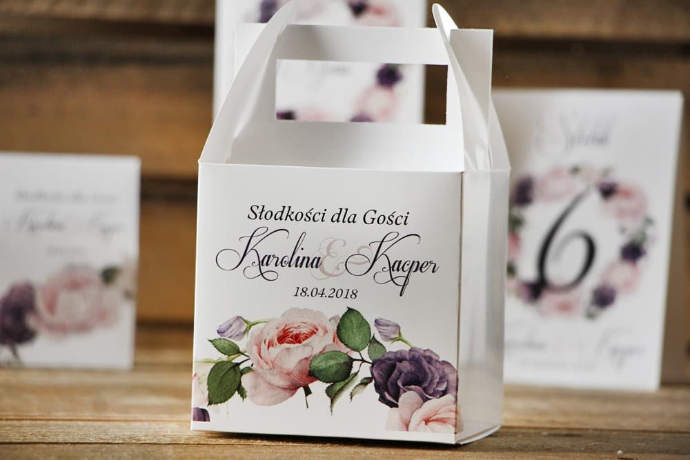 Pudełka na Ciasto Weselne z Rączką Akwarelowe Kwiaty Róż Fiolet | Personalizowane Podziękowania dla Gości | Akwarele nr 16