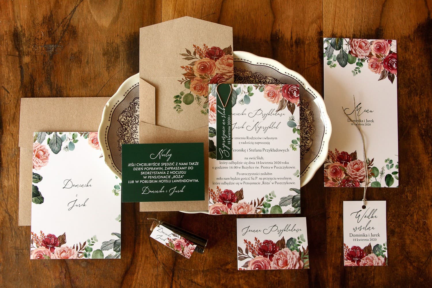 Zaproszenia ślubne glamour z różowymi różami i klipsem rose gold Delize nr 3 - 3