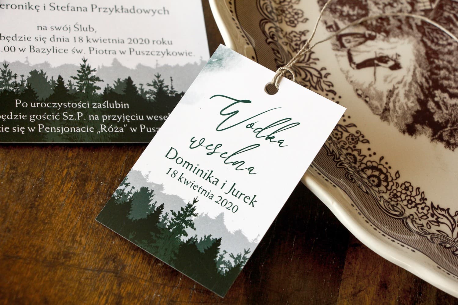 Zawieszki na Wódkę Weselną Leśny Motyw, Etykiety na Alkohol Personalizowane | Zawieszki na Butelki | Delize nr 1