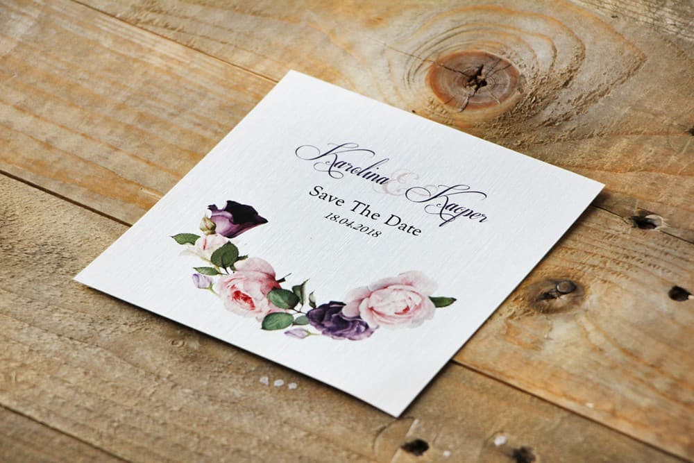 Eleganckie Save The Date Kwiatowe z Różami w Pudrowym Różu i Fiolecie | Zawiadomienie o Dacie Ślubu | Akwarele nr 16