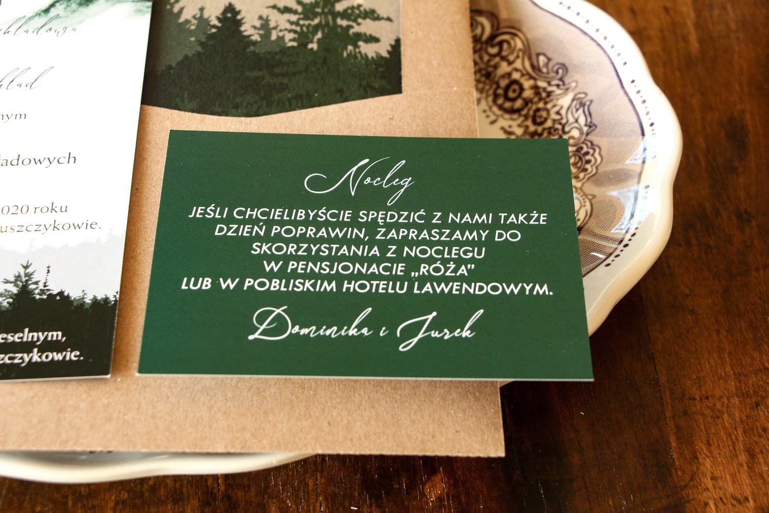 Zielony Bilecik z Liśćmi, Wkładka Info o Prezentach | Bileciki do Zaproszeń Ślubnych | Delize nr 1