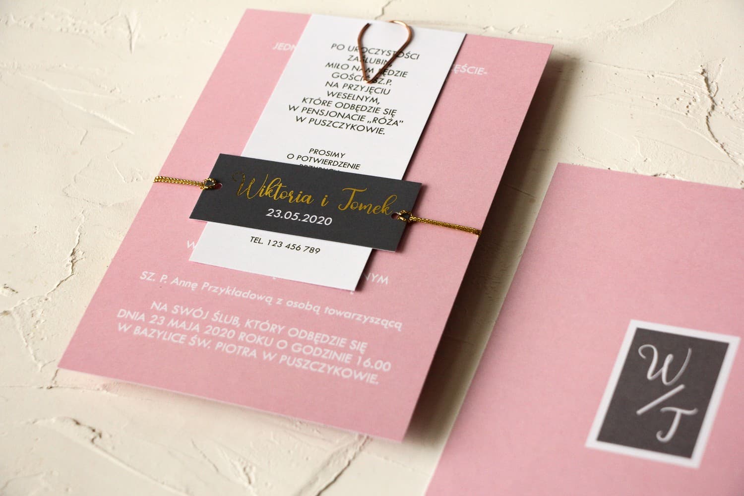 Zaproszenia ślubne glamour pudrowy róż ze złotym spinaczem i sznurkiem Emerald nr 2 - 2