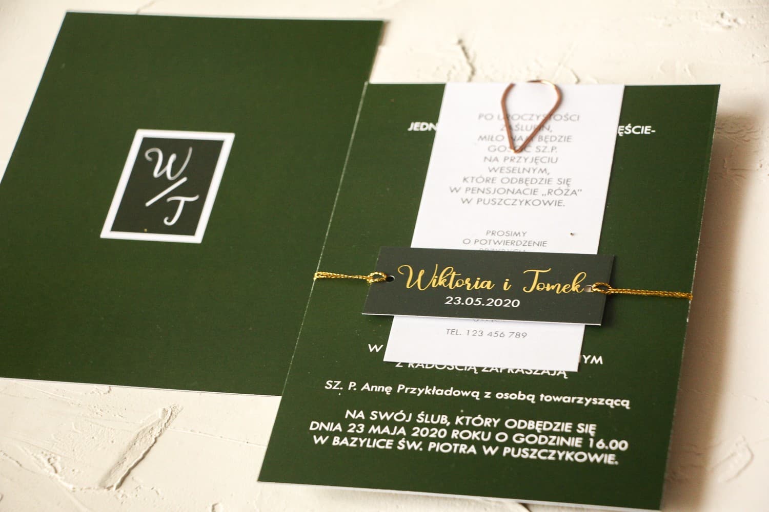 Zaproszenia ślubne glamour w butelkowej zieleni ze spinaczem rose gold Emerald nr 3 - 2