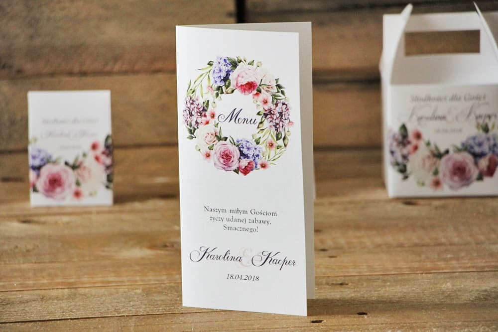 Menu Weselne Akwarelowe Kwiaty, Karta Dań na Stół | Eleganckie Menu na Wesele z Wieńcem Kwiatowym | Akwarele nr 17